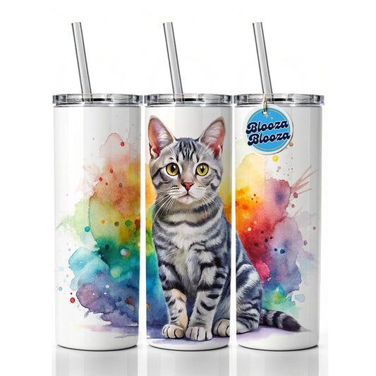 American Shorthair Cat Watercolor Style Skinny Tumbler 20oz with Straw Insulated Water Bottle Gift