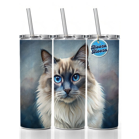 Balinese Cat Illustration Skinny Tumbler 20oz with Straw Insulated Water Bottle Gift