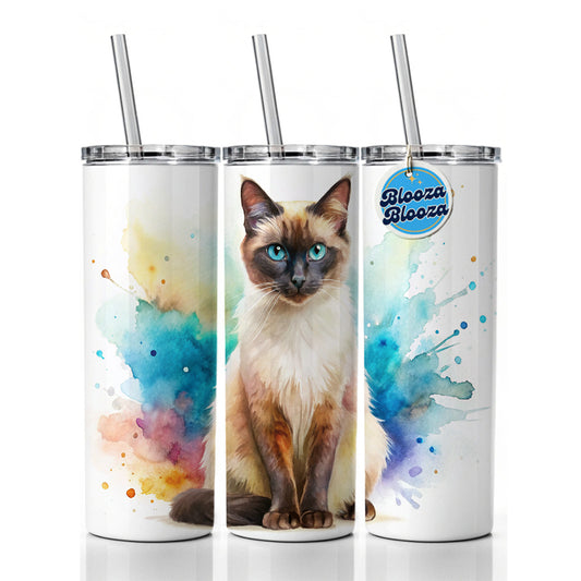 Balinese Cat Watercolor Style Skinny Tumbler 20oz with Straw Insulated Water Bottle Gift