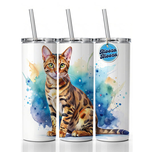 Bengal Cat Watercolor Style Skinny Tumbler 20oz with Straw Insulated Water Bottle Gift