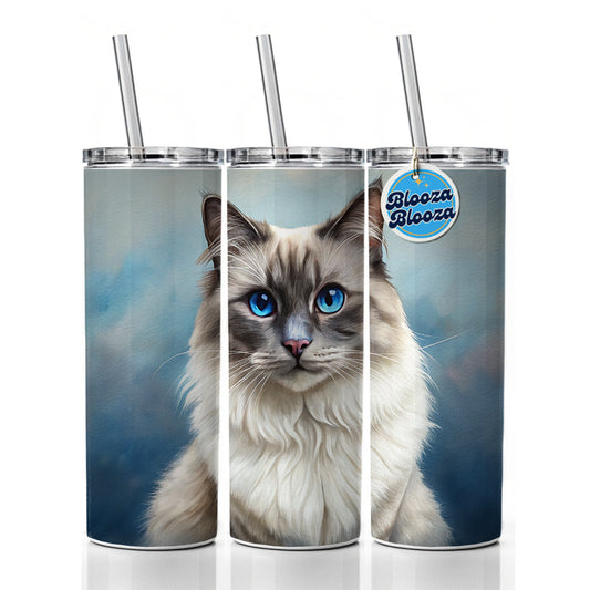 Birman Cat Illustration Skinny Tumbler 20oz with Straw Insulated Water Bottle Gift