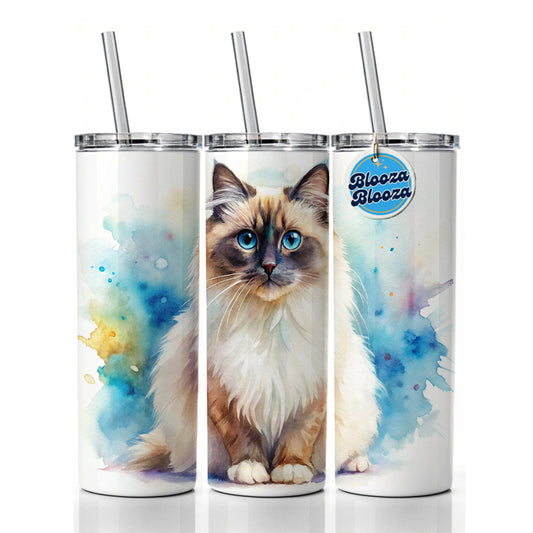 Birman Cat Watercolor Style Skinny Tumbler 20oz with Straw Insulated Water Bottle Gift