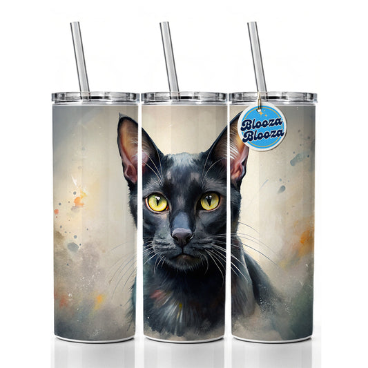 Bombay Black Cat Illustration Skinny Tumbler 20oz with Straw Insulated Water Bottle Gift