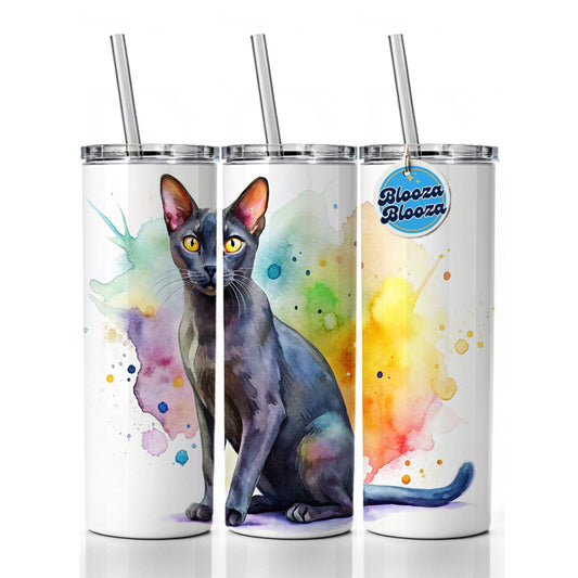 Bombay Black Cat Watercolor Style Skinny Tumbler 20oz with Straw Insulated Water Bottle Gift