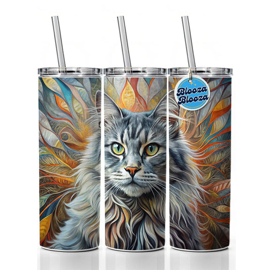 British Longhair Gray Cat Abstract Art Skinny Tumbler 20oz with Straw Insulated Water Bottle Gift