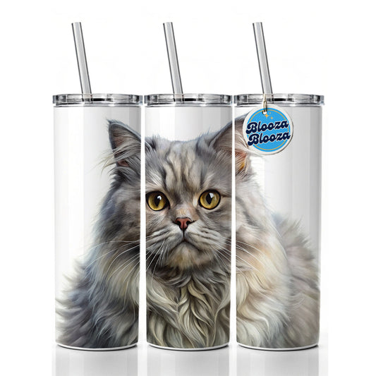 British Longhair Gray Cat Illustration Skinny Tumbler 20oz with Straw Insulated Water Bottle Gift
