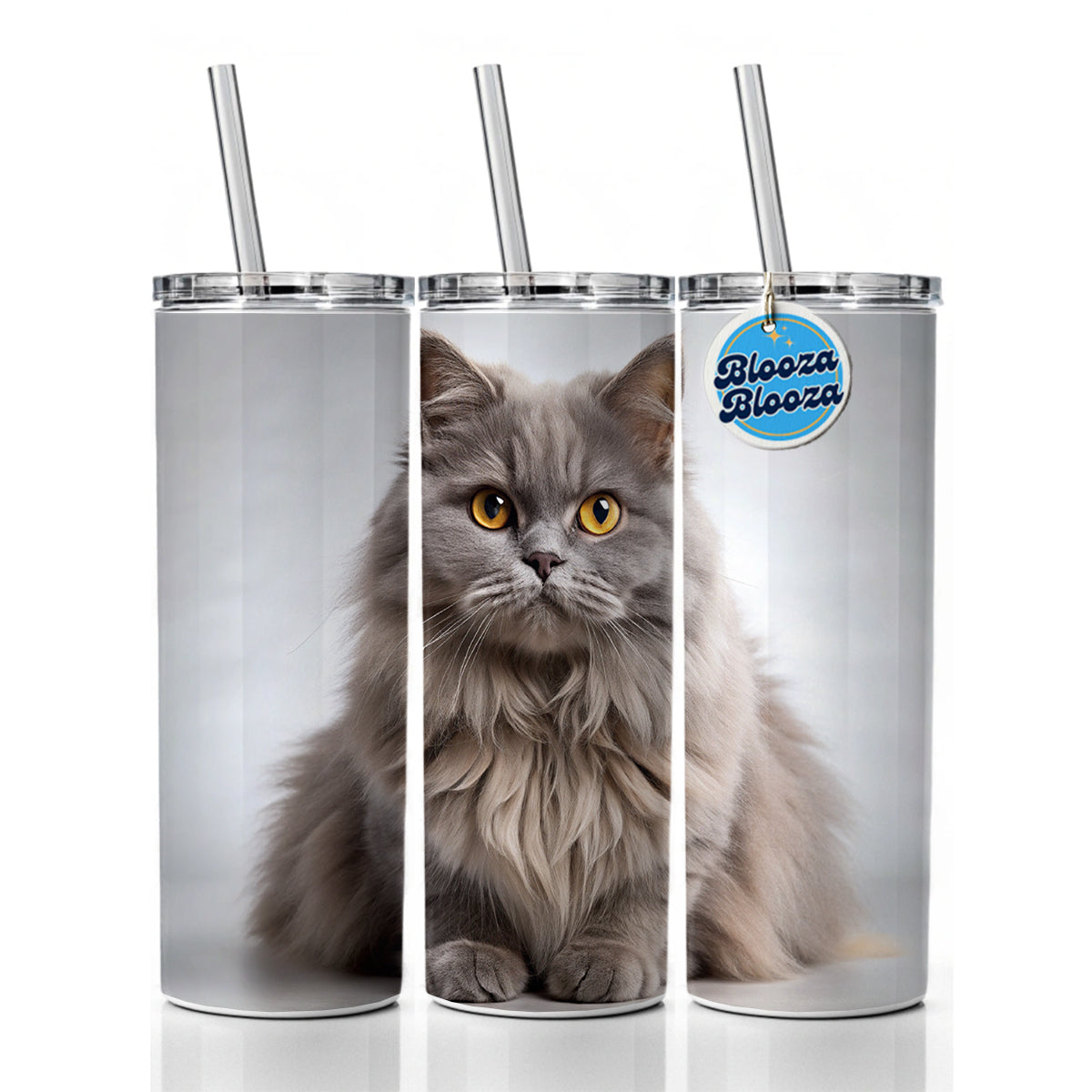 British Longhair Gray Cat Photo Skinny Tumbler 20oz with Straw Insulated Water Bottle Gift