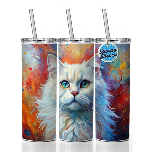 British Longhair White Cat Abstract Art Skinny Tumbler 20oz with Straw Insulated Water Bottle Gift