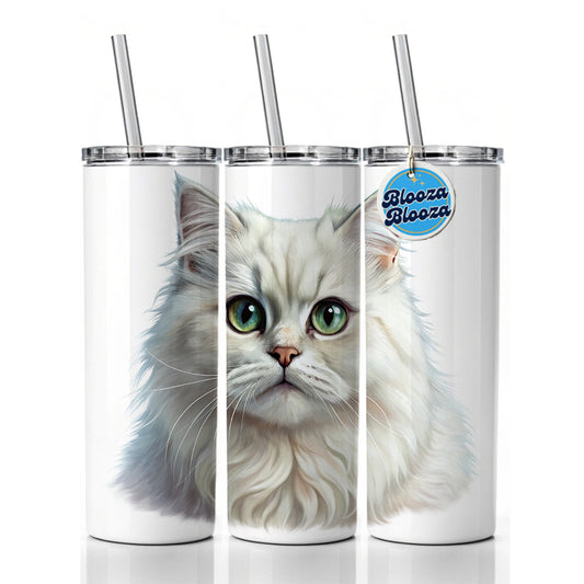British Longhair White Cat Illustration Skinny Tumbler 20oz with Straw Insulated Water Bottle Gift