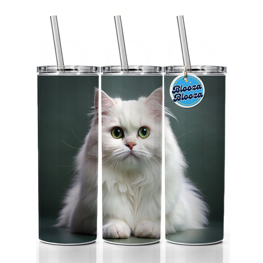 British Longhair White Cat Photo Skinny Tumbler 20oz with Straw Insulated Water Bottle Gift