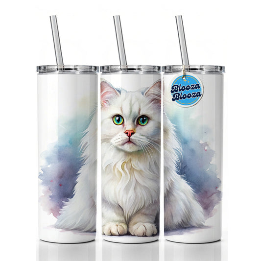 British Longhair White Cat Watercolor Style Skinny Tumbler 20oz with Straw Insulated Water Bottle Gift