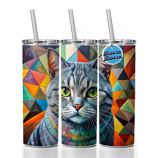 British Shorthair Gray Cat Abstract Art Skinny Tumbler 20oz with Straw Insulated Water Bottle Gift