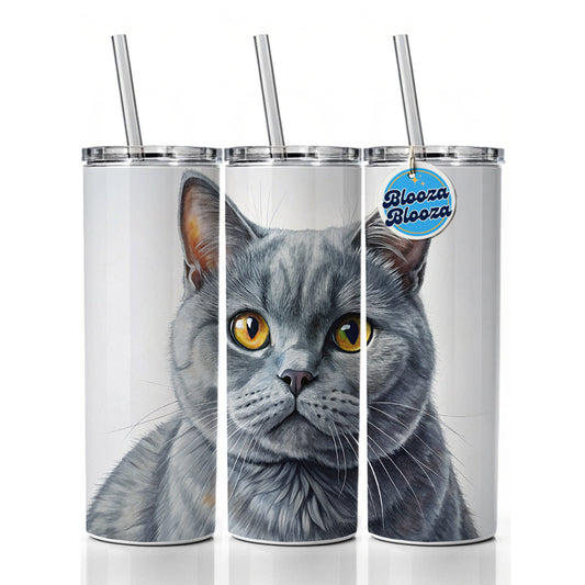 British Shorthair Gray Cat Illustration Skinny Tumbler 20oz with Straw Insulated Water Bottle Gift