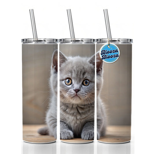 British Shorthair Gray Cat Kitten Photo Skinny Tumbler 20oz with Straw Insulated Water Bottle Gift
