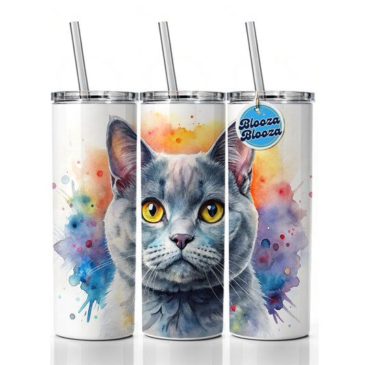 British Shorthair Gray Cat Watercolor Style Skinny Tumbler 20oz with Straw Insulated Water Bottle Gift