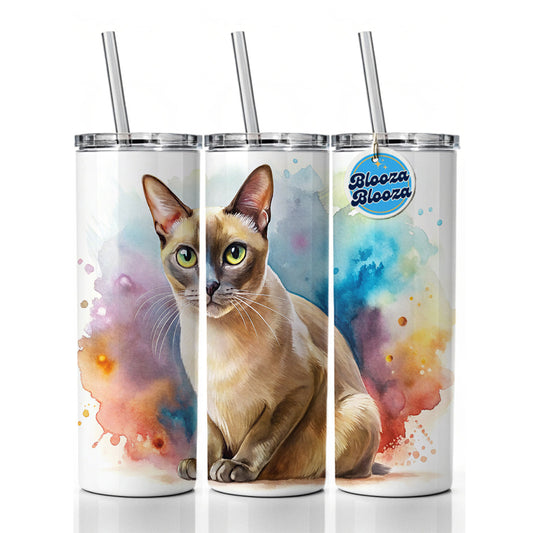 Burmese Cat Watercolor Style Skinny Tumbler 20oz with Straw Insulated Water Bottle Gift