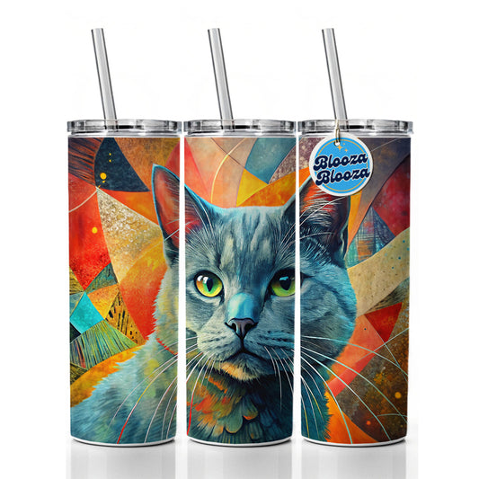 Chartreux Cat Abstract Art Skinny Tumbler 20oz with Straw Insulated Water Bottle Gift