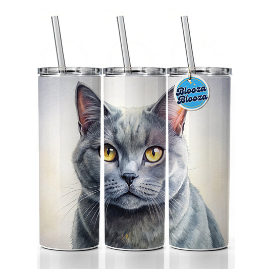 Chartreux Cat Illustration Skinny Tumbler 20oz with Straw Insulated Water Bottle Gift