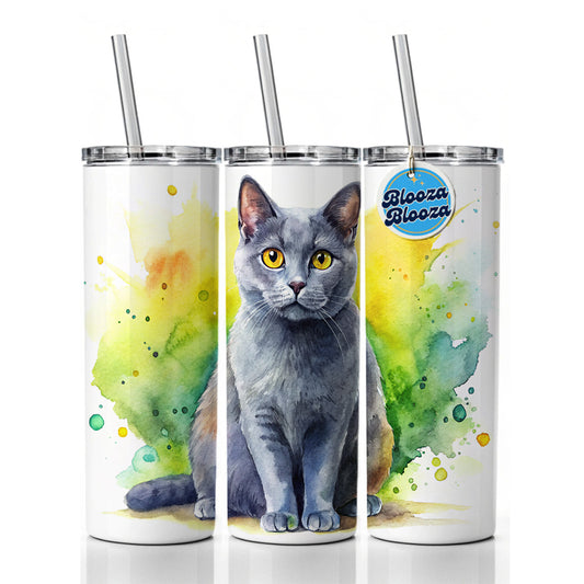 Chartreux Cat Watercolor Style Skinny Tumbler 20oz with Straw Insulated Water Bottle Gift