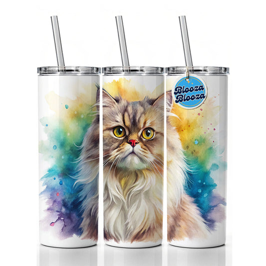 Classic Persian Cat Watercolor Style Skinny Tumbler 20oz with Straw Insulated Water Bottle Gift
