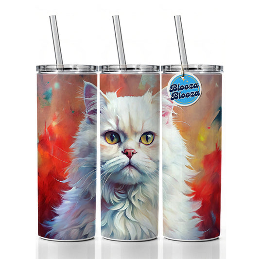 Classic Persian White Cat Abstract Art Skinny Tumbler 20oz with Straw Insulated Water Bottle Gift