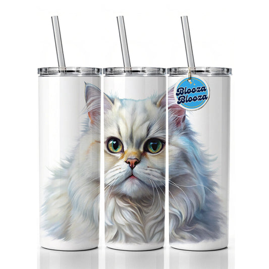 Classic Persian White Cat Illustration Skinny Tumbler 20oz with Straw Insulated Water Bottle Gift