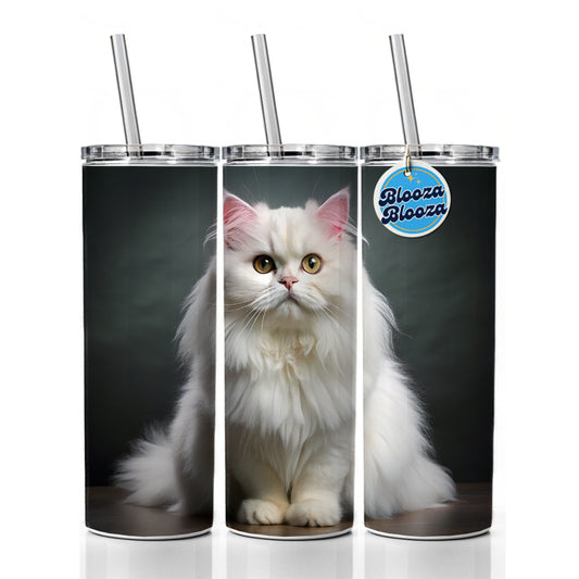 Classic Persian White Cat Photo Skinny Tumbler 20oz with Straw Insulated Water Bottle Gift