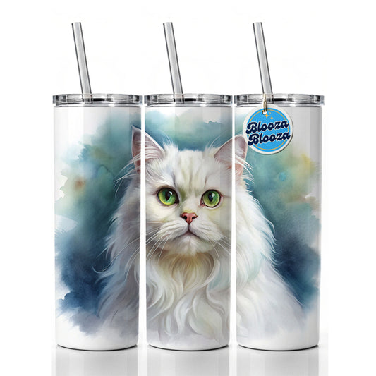 Classic Persian White Cat Watercolor Style Skinny Tumbler 20oz with Straw Insulated Water Bottle Gift