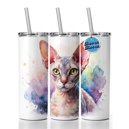 Devon Rex Cat Watercolor Style Skinny Tumbler 20oz with Straw Insulated Water Bottle Gift