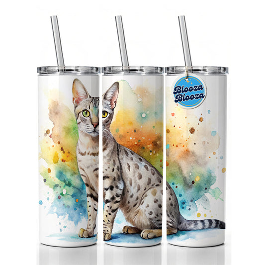 Egyptian Mau Cat Watercolor Style Skinny Tumbler 20oz with Straw Insulated Water Bottle Gift