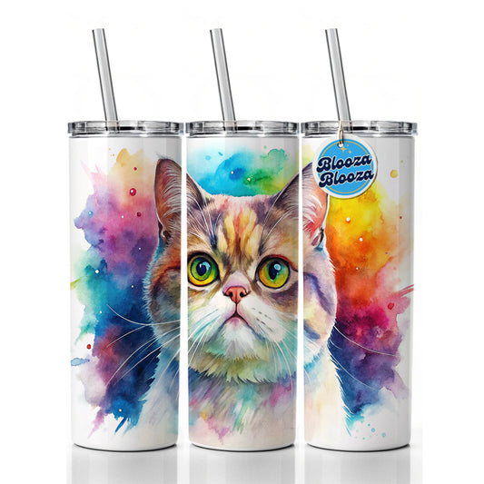 Exotic Shorthair Cat Watercolor Style Skinny Tumbler 20oz with Straw Insulated Water Bottle Gift