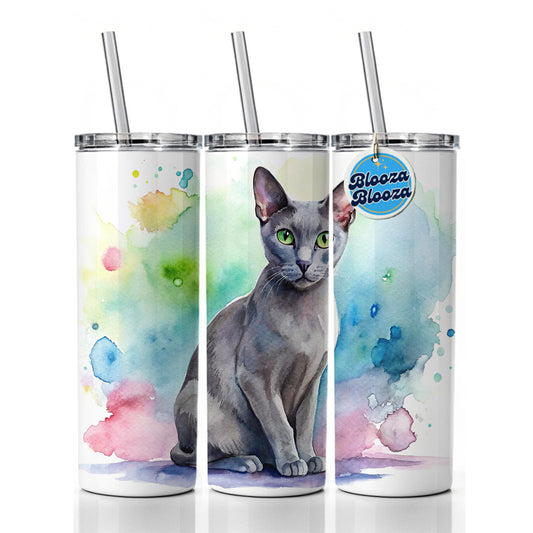 Korat Cat Watercolor Style Skinny Tumbler 20oz with Straw Insulated Water Bottle Gift
