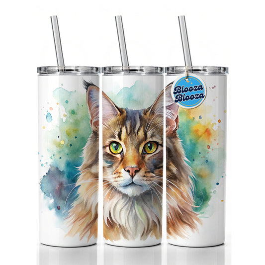 Maine Coon Cat Watercolor Style Skinny Tumbler 20oz with Straw Insulated Water Bottle Gift
