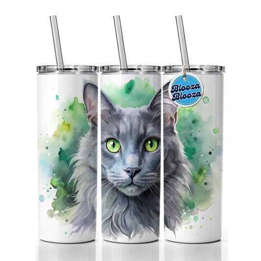Nebelung Cat With Green Eyes Watercolor Style Skinny Tumbler 20oz with Straw Insulated Water Bottle Gift