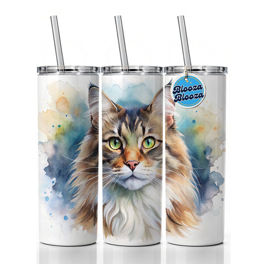 Norwegian Forest Cat Watercolor Style Skinny Tumbler 20oz with Straw Insulated Water Bottle Gift