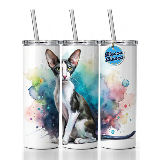 Oriental Shorthair Black White Cat Watercolor Skinny Tumbler 20oz with Straw Insulated Water Bottle Gift