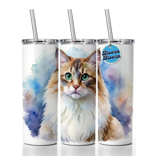 Ragamuffin Cat Watercolor Style Skinny Tumbler 20oz with Straw Insulated Water Bottle Gift