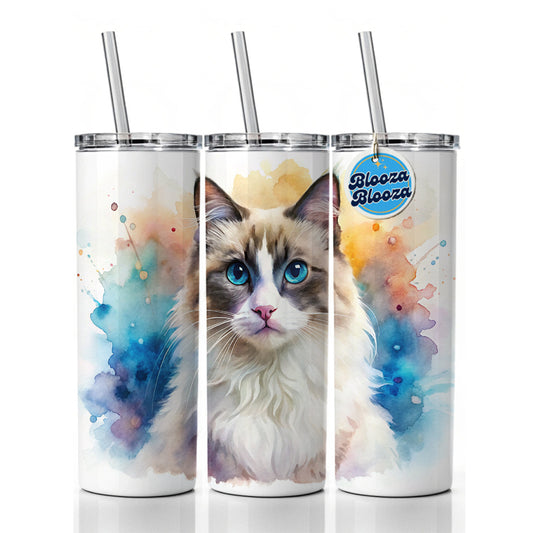 Ragdoll Cat Watercolor Style Skinny Tumbler 20oz with Straw Insulated Water Bottle Gift