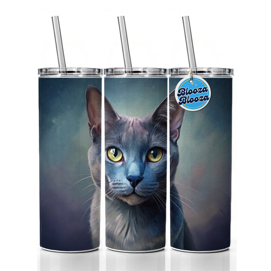 Russian Blue Cat Illustration Skinny Tumbler 20oz with Straw Insulated Water Bottle Gift