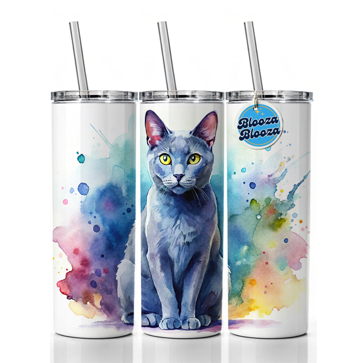 Russian Blue Cat Watercolor Style Skinny Tumbler 20oz with Straw Insulated Water Bottle Gift