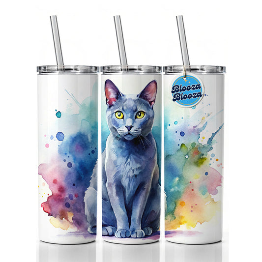 Russian Blue Cat Watercolor Style Skinny Tumbler 20oz with Straw Insulated Water Bottle Gift