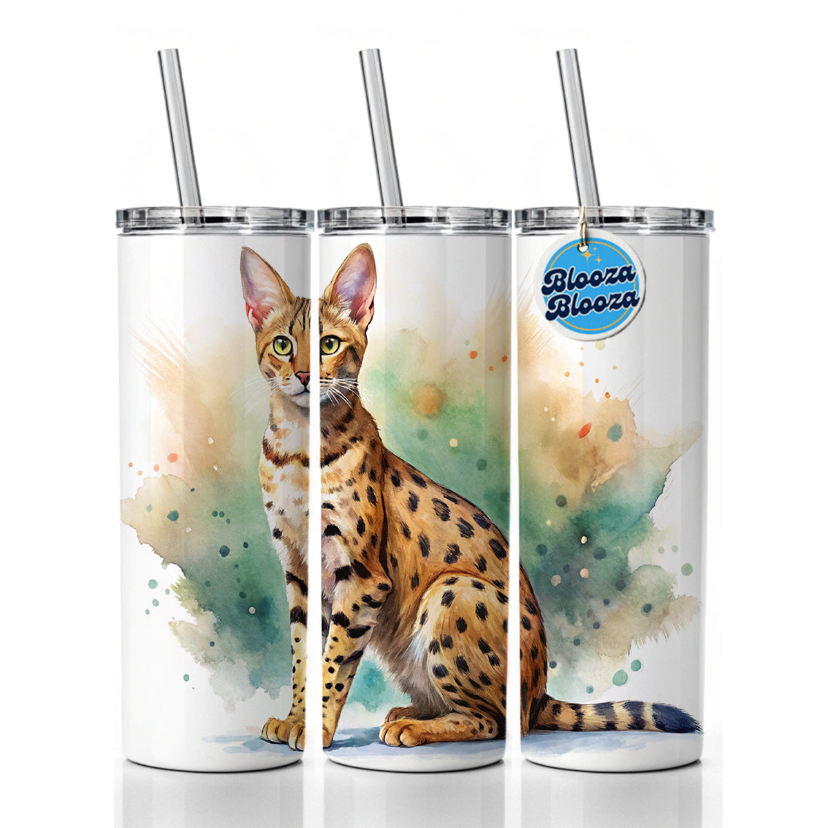 Savannah Cat Watercolor Style Skinny Tumbler 20oz with Straw Insulated Water Bottle Gift