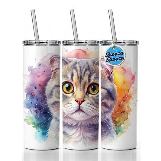 Scottish Fold Cat Watercolor Style Skinny Tumbler 20oz with Straw Insulated Water Bottle Gift