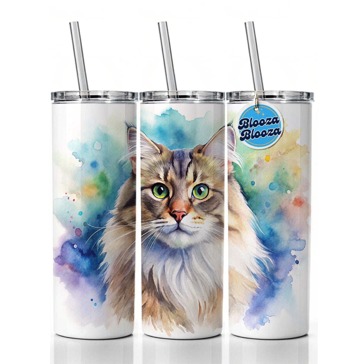 Siberian Cat Watercolor Style Skinny Tumbler 20oz with Straw Insulated Water Bottle Gift