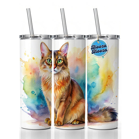 Somali Cat Watercolor Style Skinny Tumbler 20oz with Straw Insulated Water Bottle Gift
