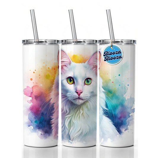 Turkish Angora Cat Watercolor Style Skinny Tumbler 20oz with Straw Insulated Water Bottle Gift