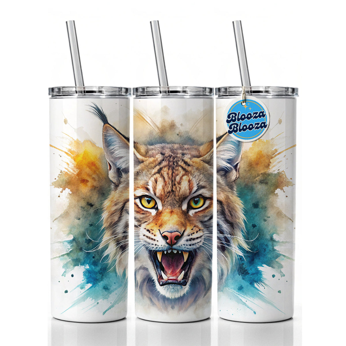 Angry Bobcat Watercolor Design Skinny Tumbler 20oz with Straw Insulated Water Bottle Gift
