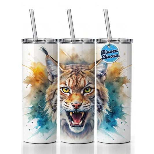 Angry Bobcat Watercolor Design Skinny Tumbler 20oz with Straw Insulated Water Bottle Gift