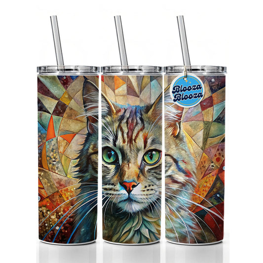 Cute Tabby Cat Abstract Art Skinny Tumbler 20oz with Straw Insulated Water Bottle Gift