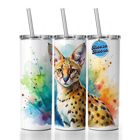 Serval Wild Cat Watercolor Design Skinny Tumbler 20oz with Straw Insulated Water Bottle Gift